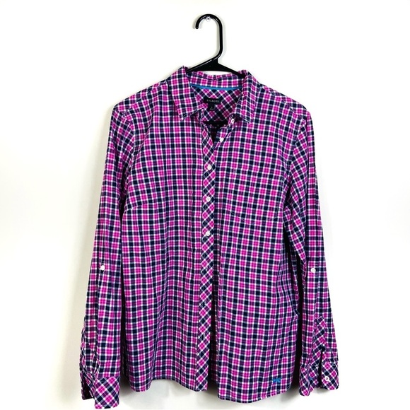 Talbots plaid button down shirt size L pink blue long sleeve collards Classic - Picture 1 of 7